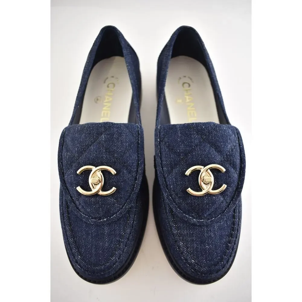 Chanel 24S Dark Blue Denim Quilted Turnlock CC Logo Moccasin Flat Loafer 38c